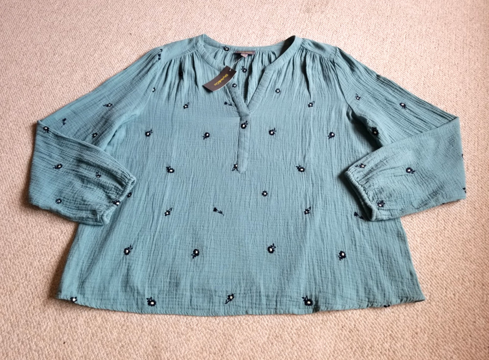 NWT Womens Top-STYLE & CO.-teal/navy floral embroidered gauzy tunic BOHO-XL